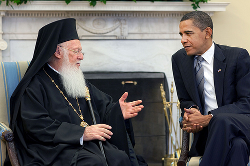 President Barack Obama meets with His All Holiness Ecumenical Patriarch Bartholomew in the Oval Office, Nov. 3, 2009. (Official White House Photo by Pete Souza)